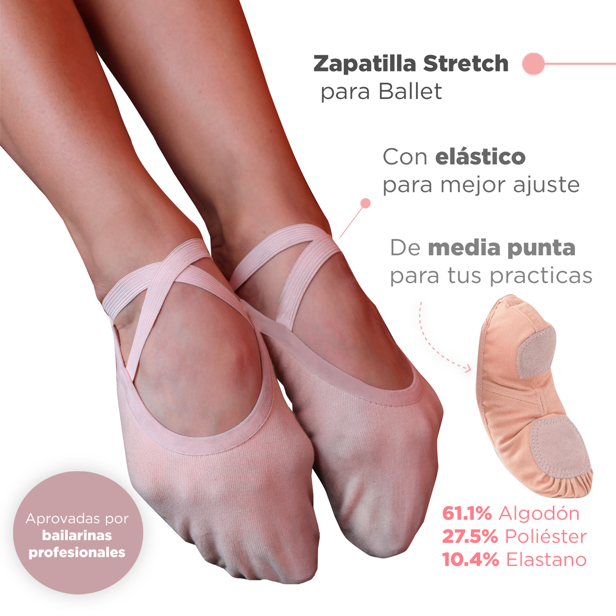 Zapatillas Media Punta Lona Y Gamuza Ballet Niña Color Rosa