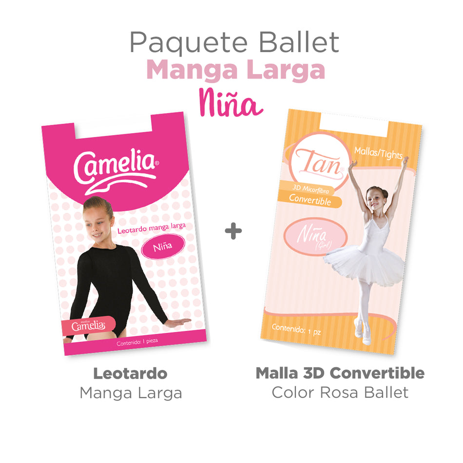 Paquete Ballet Leotardo Manga Larga + Malla 3D Niña